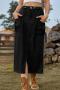 casual plus size non-stretch solid drawstring cargo denim midi skirt_Black