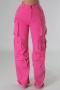 casual plus size slight stretch 4 colors solid color high-waist pocket pants_Gray_Pink_Magenta