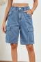 casual plus size non-stretch solid stylish cargo pocket denim shorts_Black_Dark Green_Blue