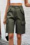 casual plus size non-stretch solid stylish cargo pocket denim shorts_Black_Dark Green