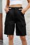 casual plus size non-stretch solid stylish cargo pocket denim shorts_Black