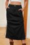 casual plus size non-stretch simple solid color drawstring denim midi skirt_Black