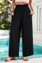 bohemian casual non-stretch 4 colors smocked waist pocket loose pants_Black