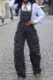 casual new plus-size solid color non-stretch multi-pocket denim overalls_Black