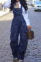 casual new plus-size solid color non-stretch multi-pocket denim overalls_Black_Blue