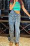 new casual plus-size non-stretch large pocket wide-leg loose denim overalls_Dark Gray_Haze Blue