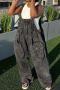 new casual plus-size non-stretch large pocket wide-leg loose denim overalls_Dark Gray
