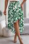 casual slight stretch flower printed ruffled irregular skirt_Magenta_Green