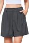 plus size summer solid color non-stretch zip-up simple high-waist casual shorts_Black_Dark Gray