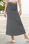 stylish slight stretch plain color high waist ruched midi skirt_Black_Dark Gray