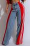 casual plus-size slight stretch patchwork high waist pocket wide-leg denim pants_Black_Red