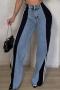 casual plus-size slight stretch patchwork high waist pocket wide-leg denim pants_Black