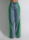 casual plus-size slight stretch patchwork high waist pocket wide-leg denim pants_Black_Red_Green