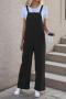 three colors casual slight stretch solid loose botton overall_Black