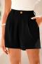 plus size summer solid color slight stretch high-waist zip-up casual shorts_Black