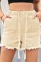 casual plus size non-stretch solid drawstring pocket rough edge denim shorts_Black_White_Dark Gray_Pink_Dark Green_Sky Blue_Blue_Dark Blue_Beige