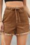 casual plus size non-stretch solid drawstring pocket rough edge denim shorts_Black_White_Dark Gray_Pink_Dark Green_Sky Blue_Blue_Dark Blue_Beige_Khaki