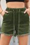 casual plus size non-stretch solid drawstring pocket rough edge denim shorts_Black_White_Dark Gray_Pink_Dark Green