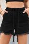 casual plus size non-stretch solid drawstring pocket rough edge denim shorts_Black