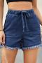 casual plus size non-stretch solid drawstring pocket rough edge denim shorts_Black_White_Dark Gray_Pink_Dark Green_Sky Blue_Blue_Dark Blue