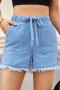 casual plus size non-stretch solid drawstring pocket rough edge denim shorts_Black_White_Dark Gray_Pink_Dark Green_Sky Blue
