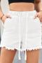 casual plus size non-stretch solid drawstring pocket rough edge denim shorts_Black_White