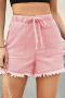 casual plus size non-stretch solid drawstring pocket rough edge denim shorts_Black_White_Dark Gray_Pink