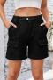 casual plus size non-stretch packet cargo solid color denim shorts_Black