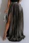 sexy plus size slight stretch 4 colors high-slit pleated maxi skirt_Black_Magenta_Gold_Silver