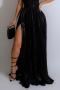 sexy plus size slight stretch 4 colors high-slit pleated maxi skirt_Black