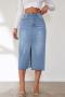 casual plus size non-stretch denim high-waist slit midi skirt_Black_Sky Blue