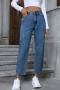 new casual non-stretch patchwork denim pocket high waist pants_Sky Blue_Dark Blue
