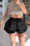 stylish non-stretch solid color drawstring with pocket fluffy shorts_Black