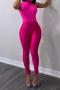 stylish slight stretch solid color tight high waist zip-up leggings_Black_Magenta