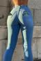 new plus-size slight stretch patchwork denim eyes fixed print pants_Black_Dark Gray_Sky Blue