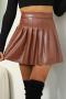 new plus-size slight stretch solid color pu pleated high-waist mini skirts_Black_Rose Red_Dark Blue_Khaki _Brown