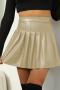 new plus-size slight stretch solid color pu pleated high-waist mini skirts_Black_Rose Red_Dark Blue_Khaki