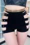 sexy plus size slight stretch high-waist hollow solid color shorts sets(no belt,size run small)_Black