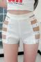 sexy plus size slight stretch high-waist hollow solid color shorts sets(no belt,size run small)_Black_White