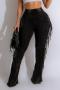 stylish plus size slight stretch solid color slim tassel flared pants_Black