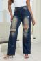 stylish plus size slight stretch hole high waist straight jeans_Sky Blue_Dark Blue