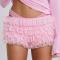 sexy slight stretch lace 3 colors cascading ruffle shorts_Pink