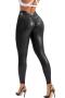 stylish plus size slight stretch tight shirring high waist pu pants_Black