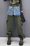 stylish non-stretch denim patchwork drawstring loose cargo pants_Black_Dark Green