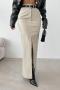 new stylish non-stretch solid color pu high-waist slit maxi skirts(no belt)_Black_Beige