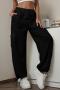 casual plus size slight stretch 3 colors drawstring loose cargo pants_Black
