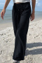 new casual slight stretch patchwork 3-color lace-up wide-leg pants_Black