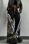 casual slight stretch leopard velvet stitching wide-leg loose pants_Black