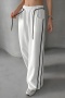 casual new slight stretch contrast color stripe lace-up wide-leg pants_Black_White