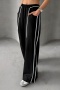 casual new slight stretch contrast color stripe lace-up wide-leg pants_Black